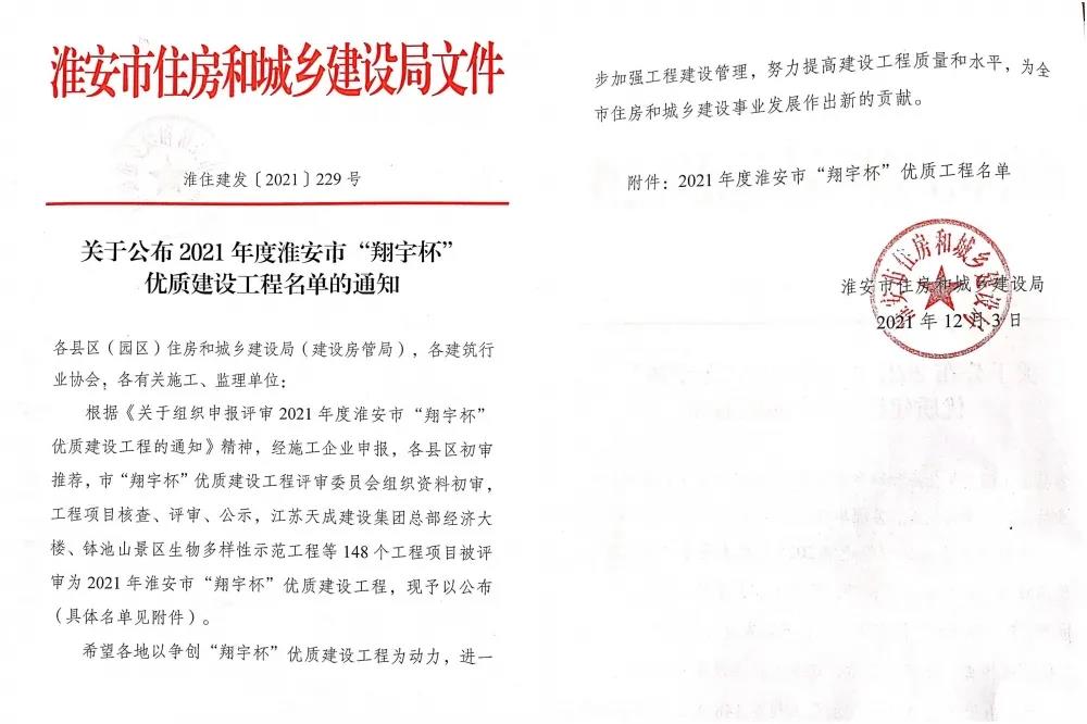 江蘇淮安水沐清華、楓香苑等多個(gè)項目榮獲13項淮安市“翔宇杯”優(yōu)質(zhì)建設工程獎